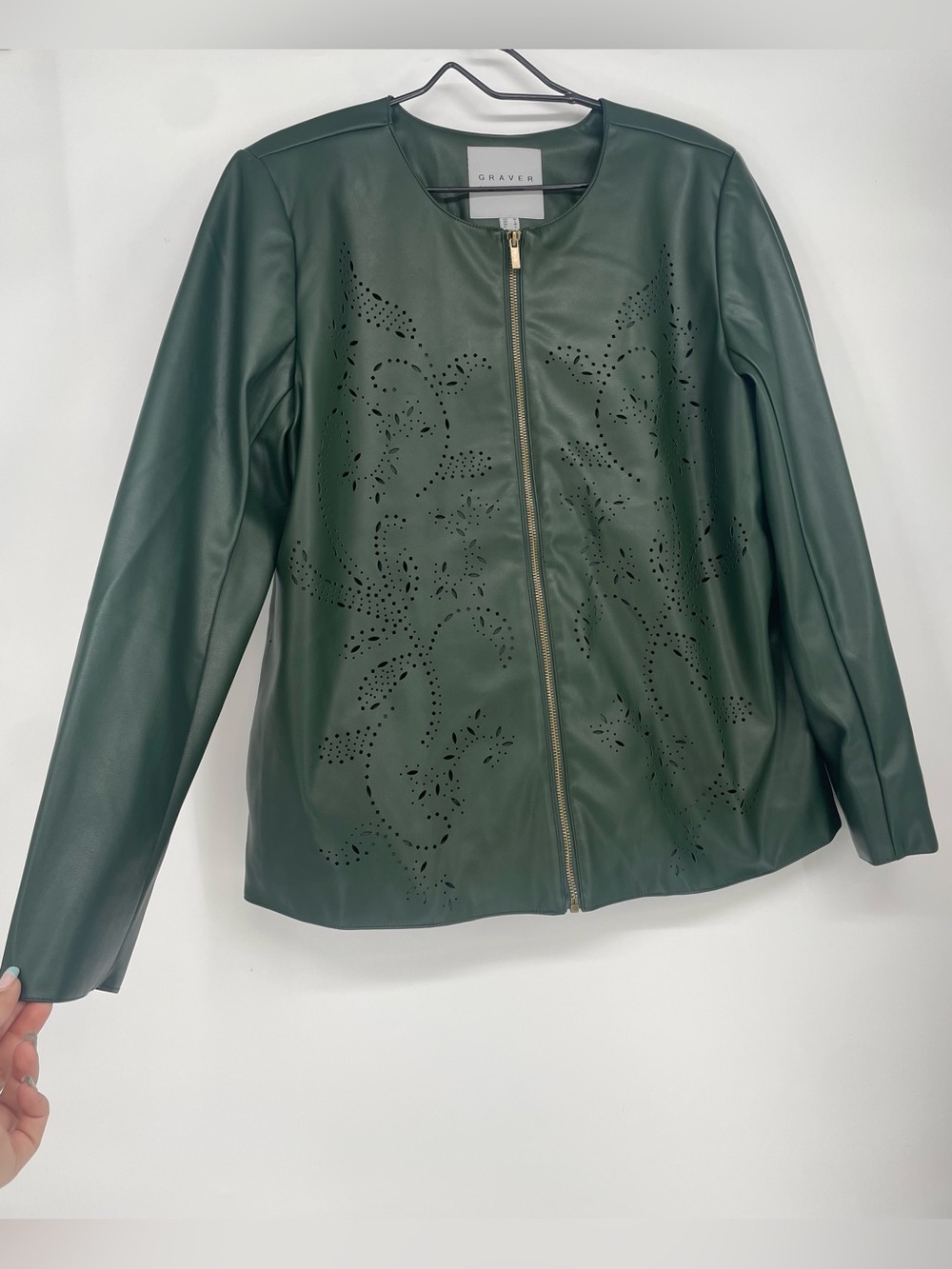 Susan Graver Dark Green Perforated Design Faux Leather Bomber Jacket Zip Front